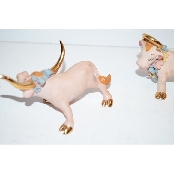 Vtg Pink Longhorn Bull Figurine Bow Flowers Walker Renaker Holy Cow Lot Flaws - Picture 4 of 11